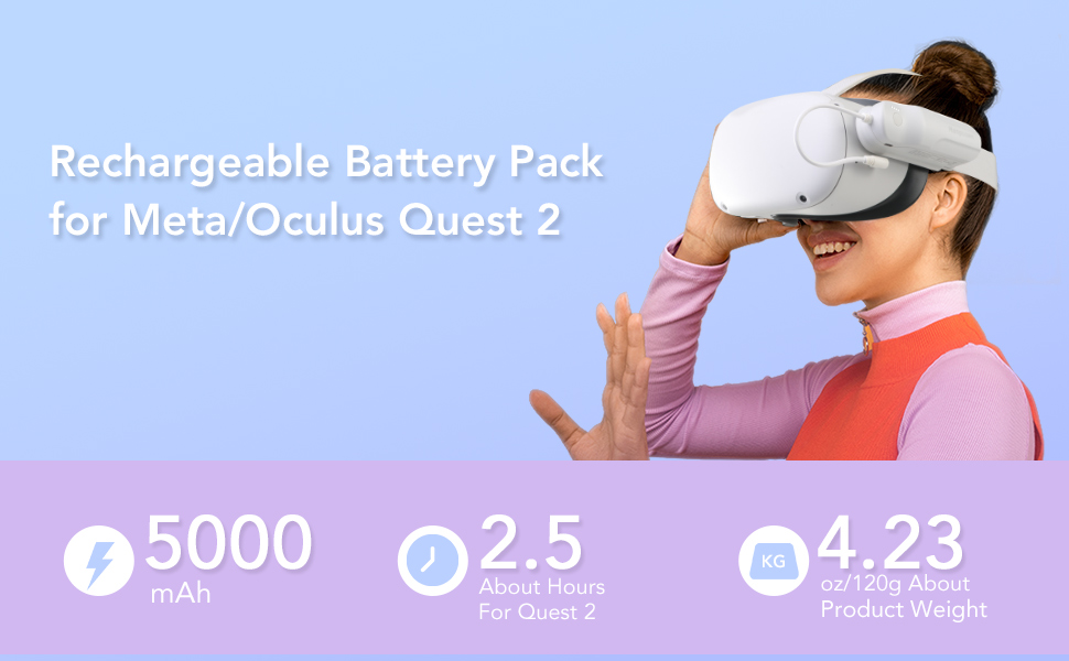 Rechargeable Battery Pack for Meta/Oculus Quest 2, 5000mAh Portable