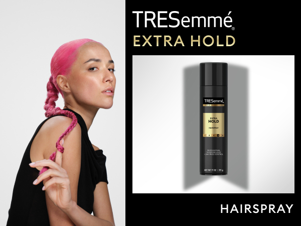 Model with pink braided hair next to Extra Hold hairspray bottle on a gray gradient background.