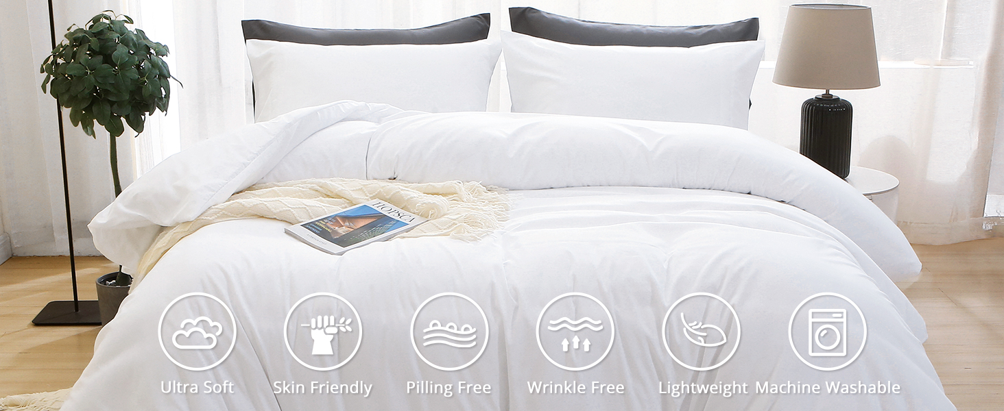 MUXHOMO White Duvet Cover Queen Size, Soft Double Brushed Queen Duvet
