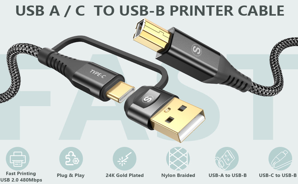 2in1 USBA/C to USBB Printer Cable 3M, USB C MIDI Cable Nylon Braid