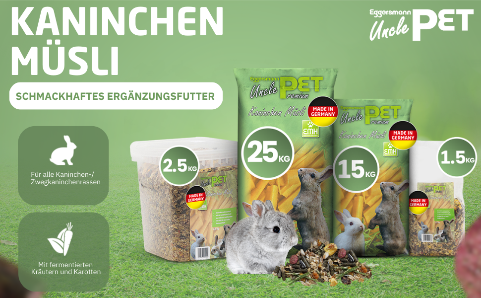 Kaninchenfutter in grüner Verpackung. Verschiedene Größen erhältlich, darunter 1,5-kg-, 2,5-kg- und 25-kg-Beutel. Hergestellt in Deutschland.