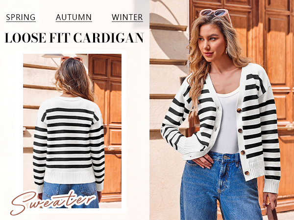 Saodimallsu Womens Striped Cardigan Sweaters V Neck Button