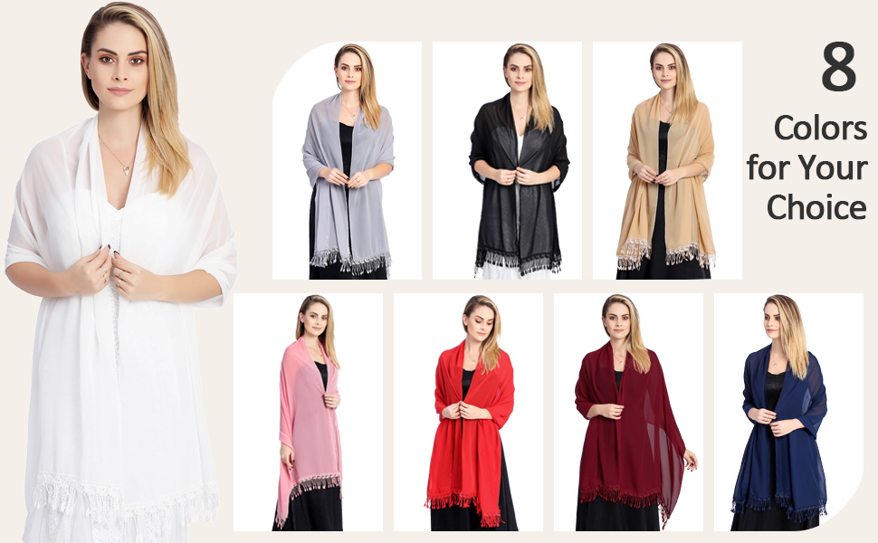Chiffon Shawls Wraps with Lace Fringe by Ladiery, Soft Lightweight
