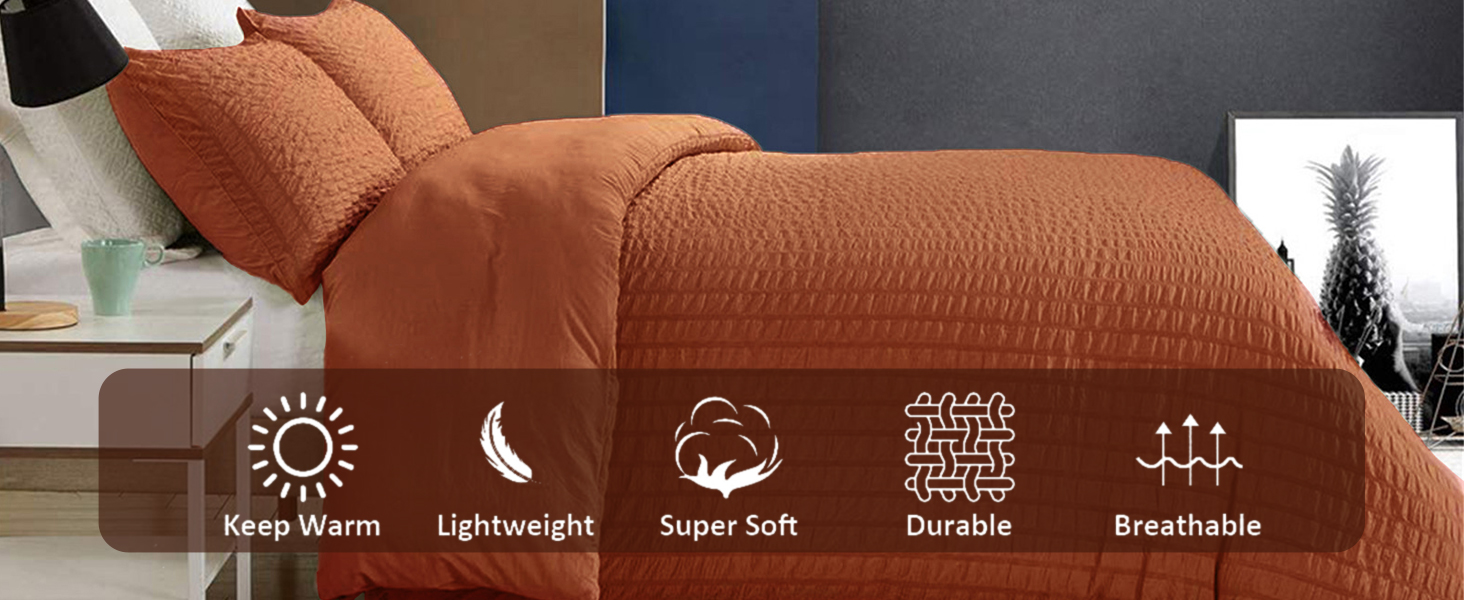 Burnt Orange Seersucker Duvet Cover Terracotta Puckering Bedding Set