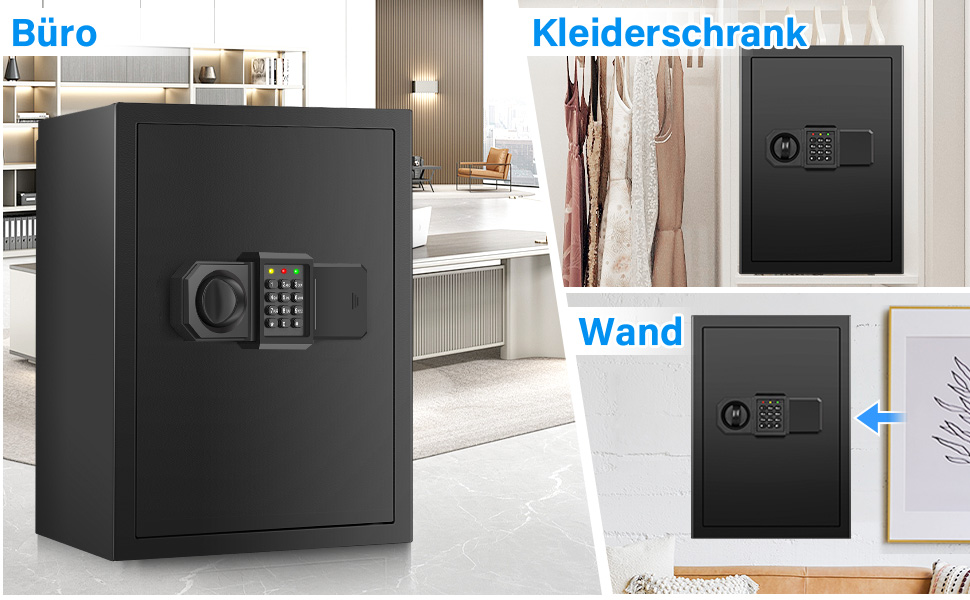 Black electronic safe with digital keypad shown in multiple settings: office, closet, and wall-mounted. Features secure number pad interface for access control.
