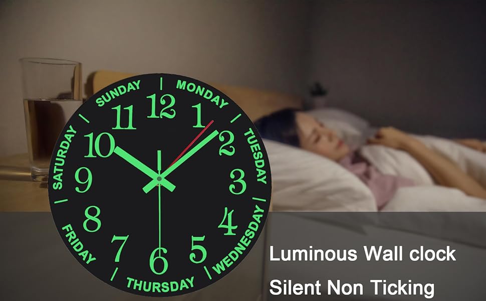 WOOPHEN 12 Inch Luminous Wall Clock Wooden Silent NonTicking Battery