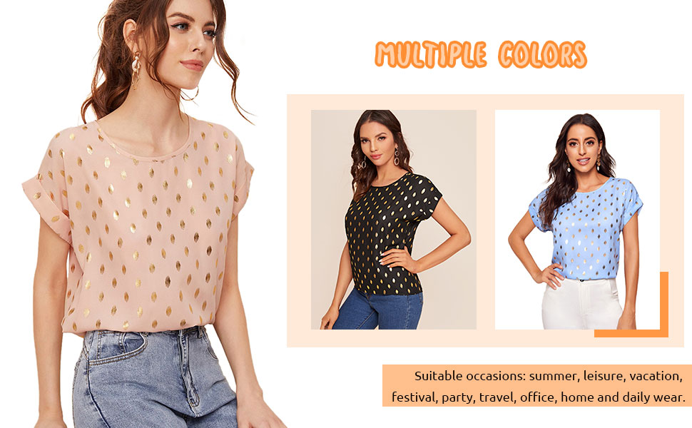 Milumia Women's Elegant Polka Dots Print Short Cap Sleeve Blouse Round Neck Tee Top