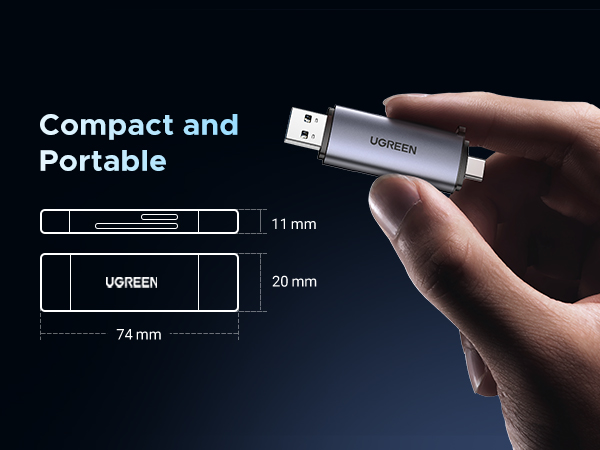 Compact USB device with technical specifications showing dimensions of 74mm length and 11mm height, labeled as portable.