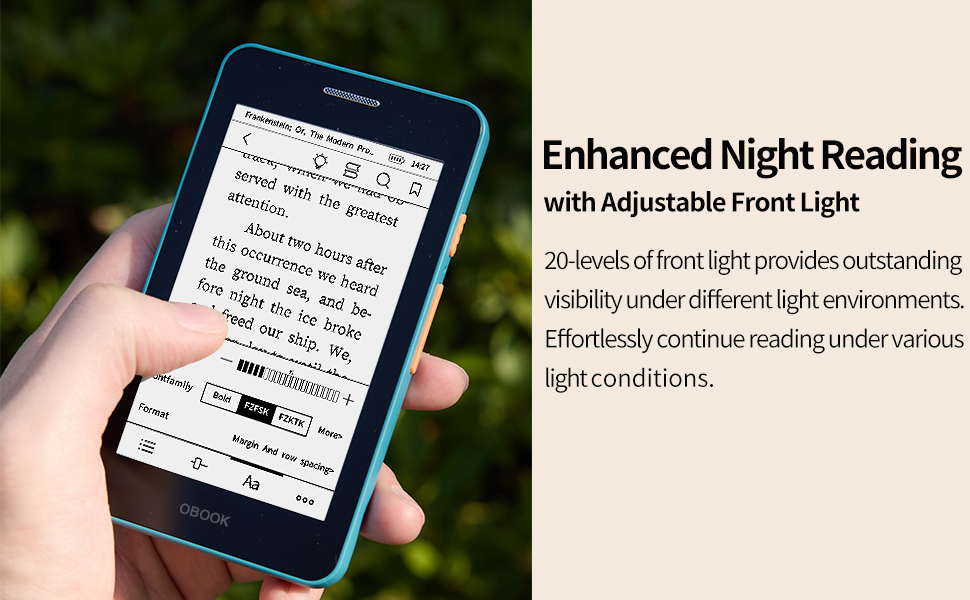 The e reader is equipped with a cutting-edge mobile epaper display and an adjustable front light