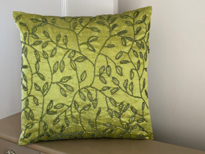 Decorative floral tropical green beaded art silk throw pillow, cushion cover
