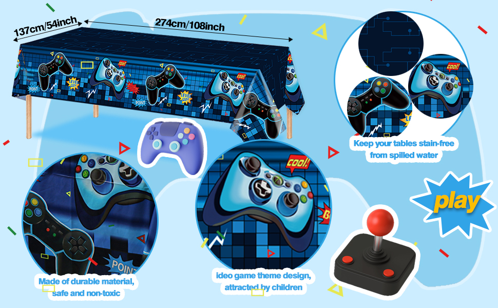 3 Pcs Video Game Table Cover 108'' x 54'' Gaming Birthday