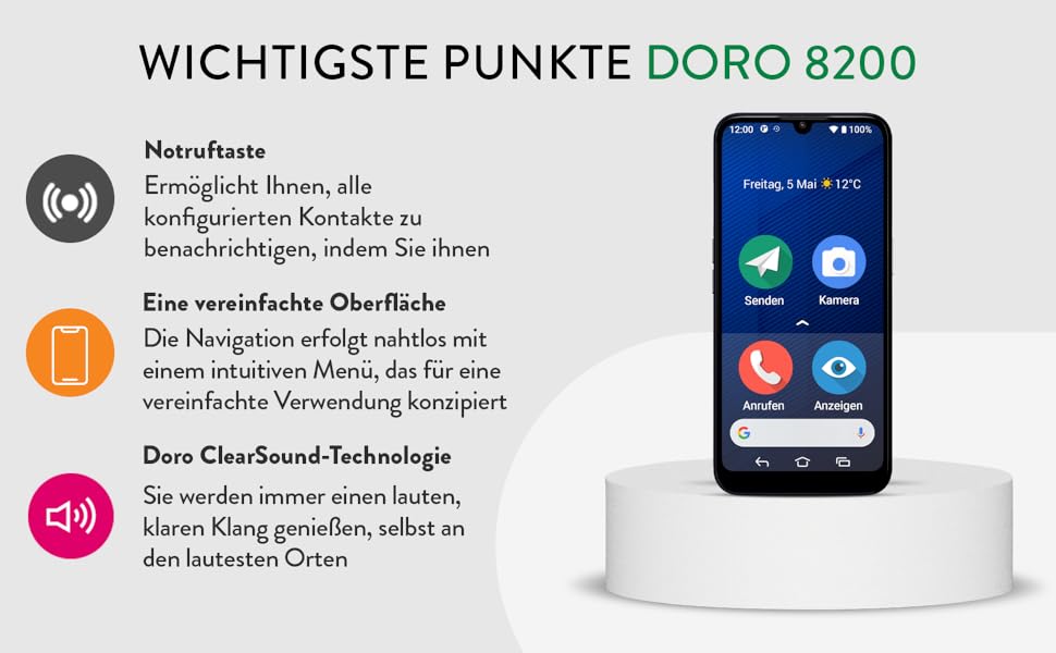 Doro 8200, 4G Senioren Smartphone ohne Vertrag, Noruftaste, Triple