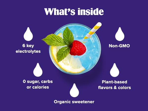 6 key electrolytes, 0 sugar carbs or calories, organic sweetener, plant-based flavors, non-gmo