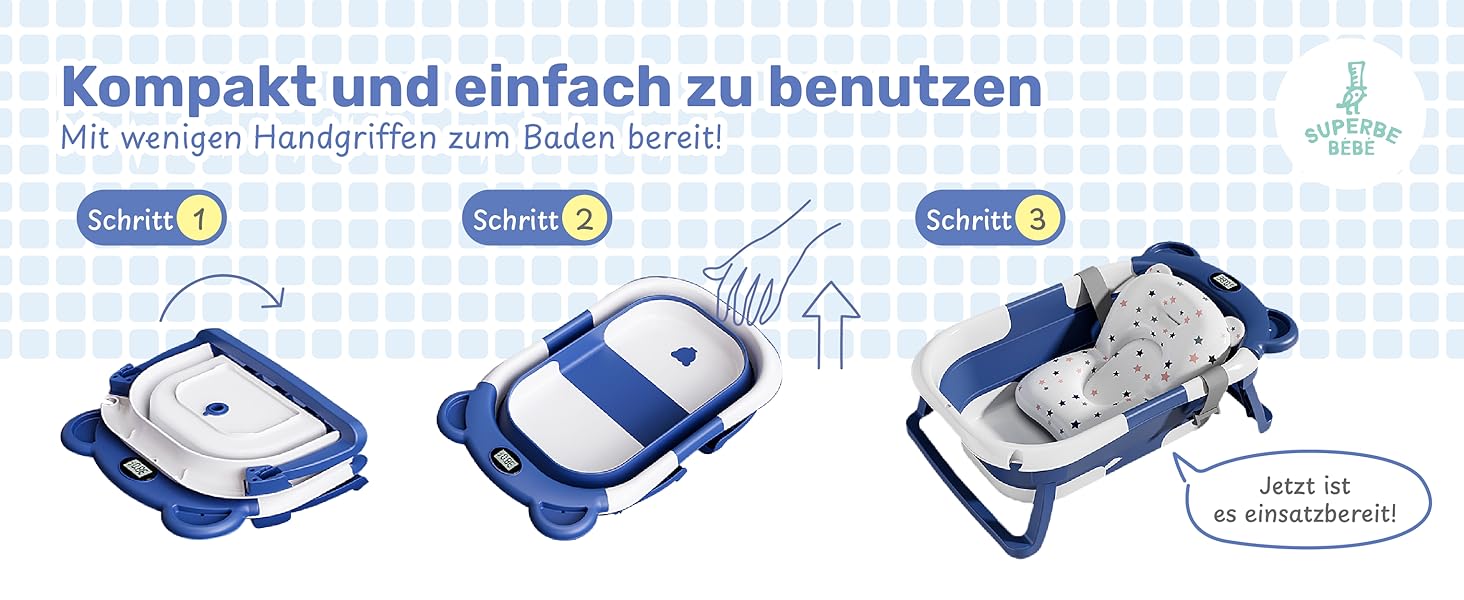 Faltbare Babybadewanne mit Badesitz/Badewanne XXL mit Thermometer zur Kontrolle der Wassertemperatur