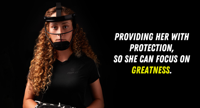 Softball player posing with Fielder's Mask