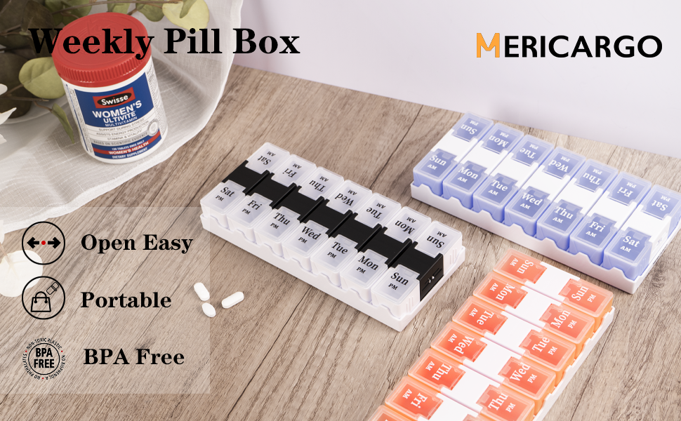 MERICARGO Pill Box Organiser, Travel Pill Boxes 7 Day 2 Times a Day