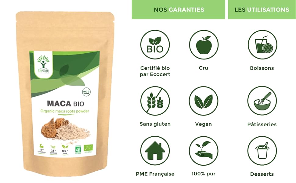 Sachet de maca en poudre bio sexe sexualité Superaliment racine smoothie gluten vegan cru raw food