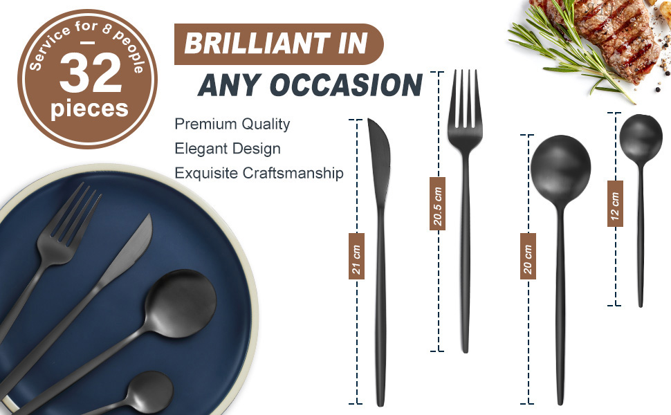 Matte Black Cutlery Sets 32 Pieces, Bestdin Elegant Stainless Steel