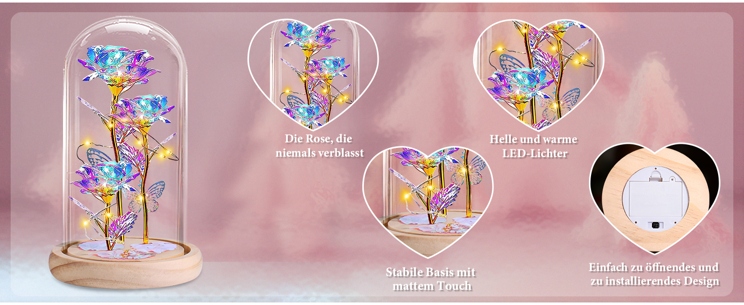 Glaskuppeldisplay mit LED-beleuchteten Kunstblumen in herzförmigen Arrangements, das mehrere Ansichten und Merkmale des Dekorationsstücks zeigt