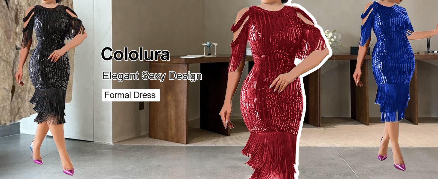Cololura Sexy Elegant Women Sequin Long Sleeve Tassel Midi Evening Gown Formal Dress