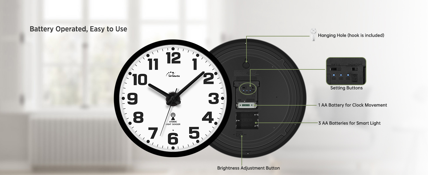 WallarGe Atomic Wall Clock with Night Light Silent