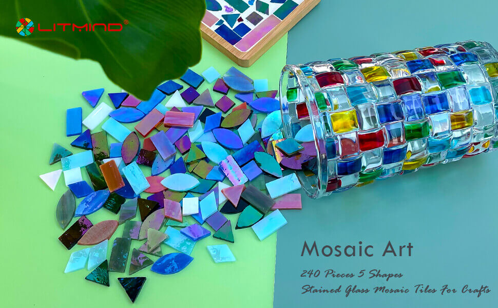 Iridescent Glass Mosaic Tiles for Crafts,240 Pieces 5 Shapes Mixed Stained  Glass