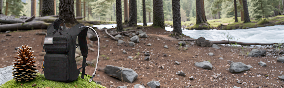 A scenic mountain trail winding through a lush forest, with the product resting on a rock in the for