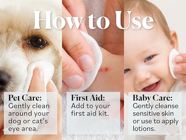 Sky Organics Organic Cotton Rounds can be used for pet care, first aid, baby care