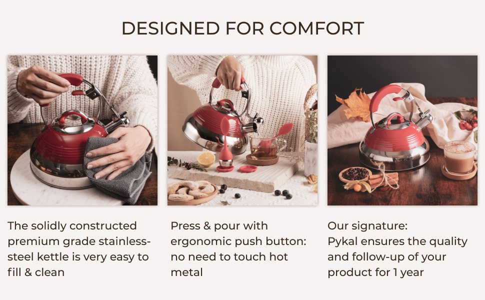 Pykal Retro Whistling Tea Kettle for Stove Top 2.6l Red Vintage