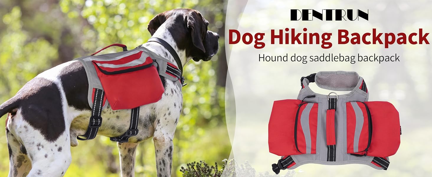 DENTRUN Dog Hiking Backpack, Hound Dog Saddlebag Backpack, Nylon Dog Harness Vest