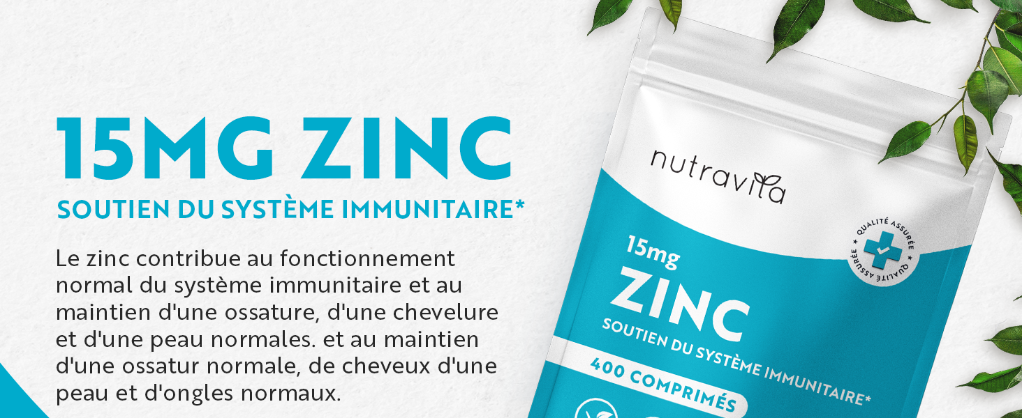 avec le texte « 15 MG de zinc » et une description en français mettant en évidence le soutien du système immunitaire. Feuilles vertes en arrière-plan pour une esthétique naturelle.