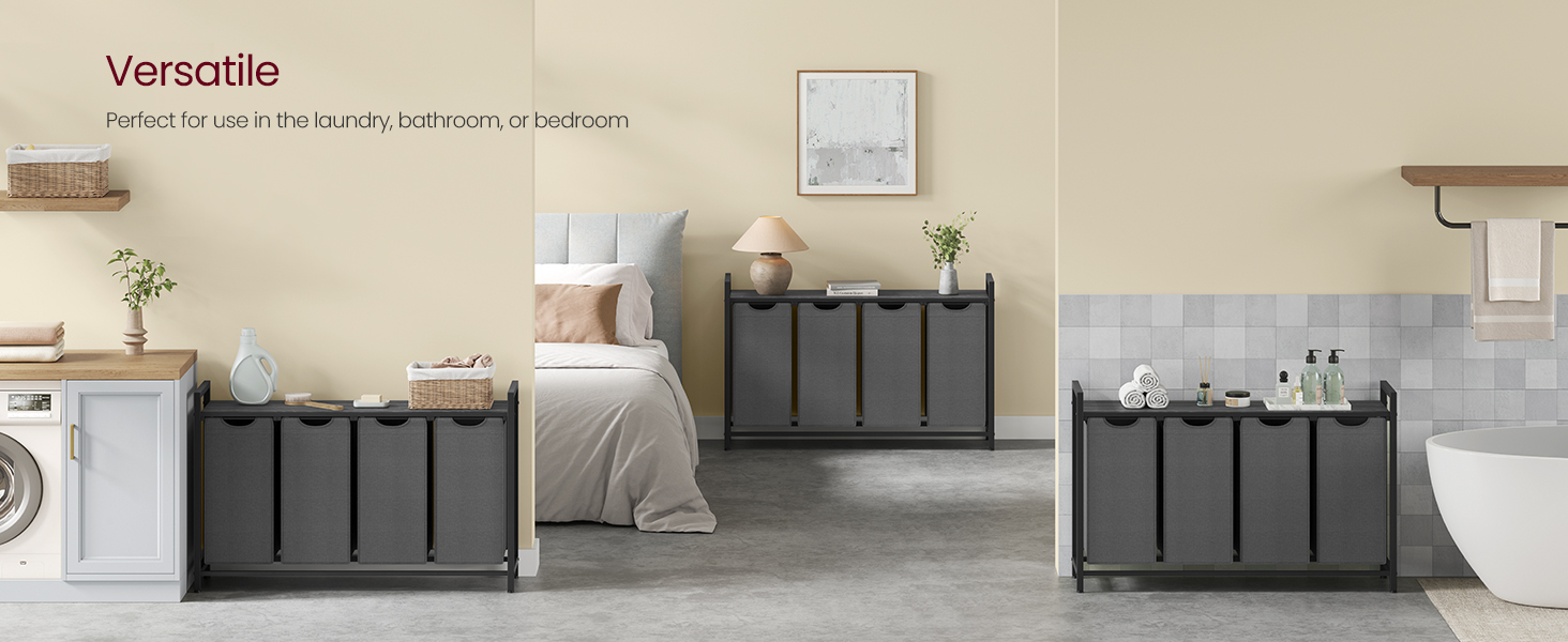 Három szobai elrendezés, melyek sokoldalú szürke tárolókockákat mutatnak be hálószobában, nappaliban és fürdőszobában, minimalista dekorációval.