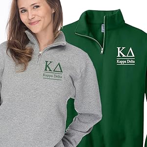 Kappa Delta Quarter Zip Sweatshirts, Cadet Collar Fleece Pullover with KD Greek Letters