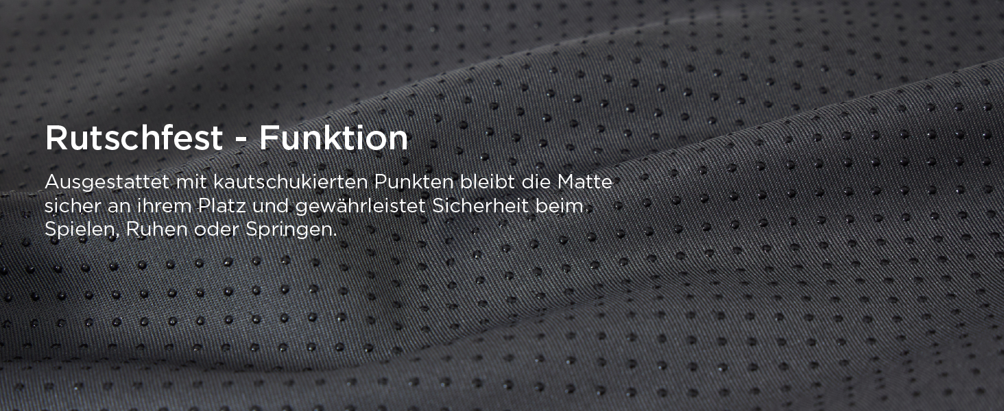Der Text lautet „Rutschfest - Funktion“. Nahaufnahme von schwarzem strukturiertem Material mit perforiertem Muster.
