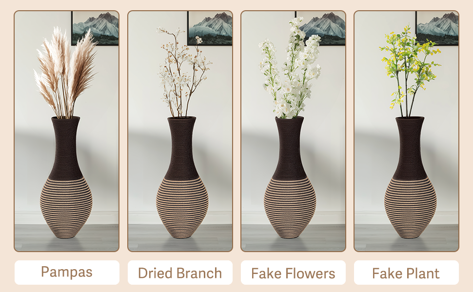 Four pics of a dark - brown woven vase, each pampas, dried branch, fake flowers, or fake plant