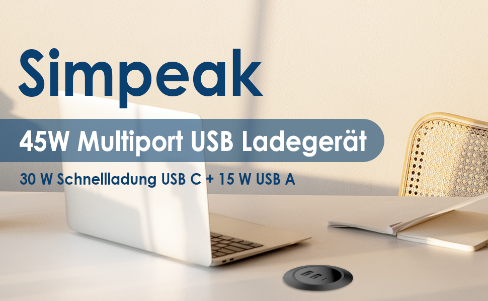 Simpeak 45W USB Einbausteckdose, 3-Port USB Einbaubuchse Ladegerät