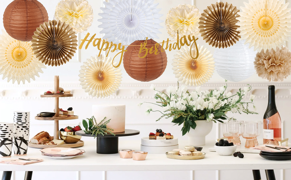 15 Pompones Y Abanicos De Papel Para Decoración - Estilo Boho, Colores Beige Y Marrón