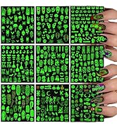 9 Sheets Luminous Halloween Nail Stickers for Women, Pumpkin Bat Ghost Witch Skull Scratches Nail...