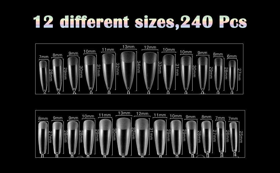 12 different sizes clear nail tips,total 240 pcs in the box