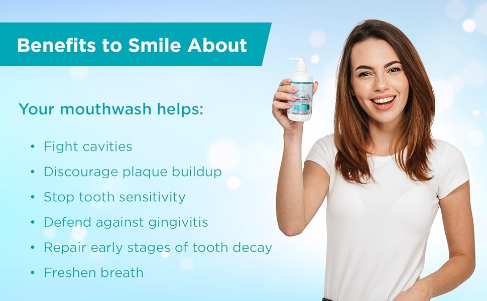 user of adult and kids mouthwash with fluoride smiles