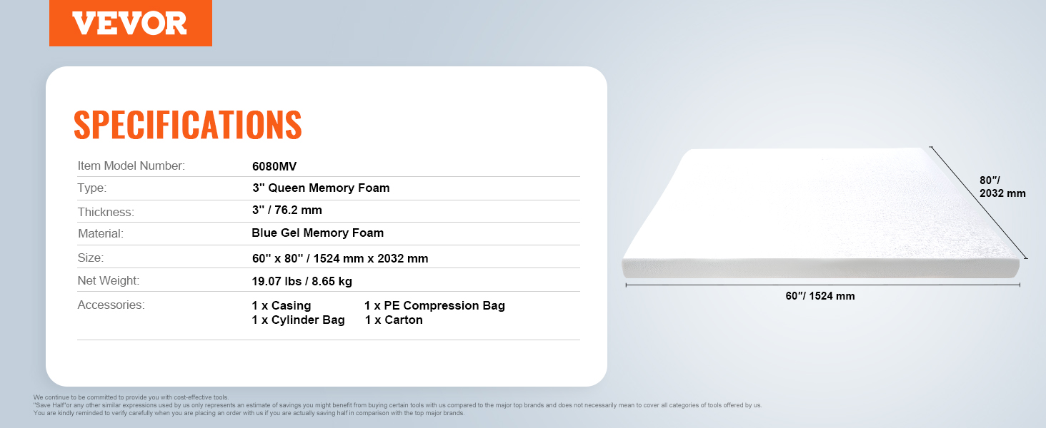 VEVOR Mattress Topper, Queen Size, 3 in Thickness, Soft