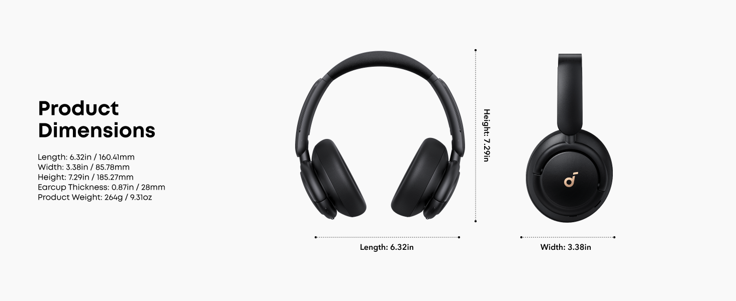 Technical product specifications diagram showing measurements and dimensions of electronic devices including headphones and a circular device.
