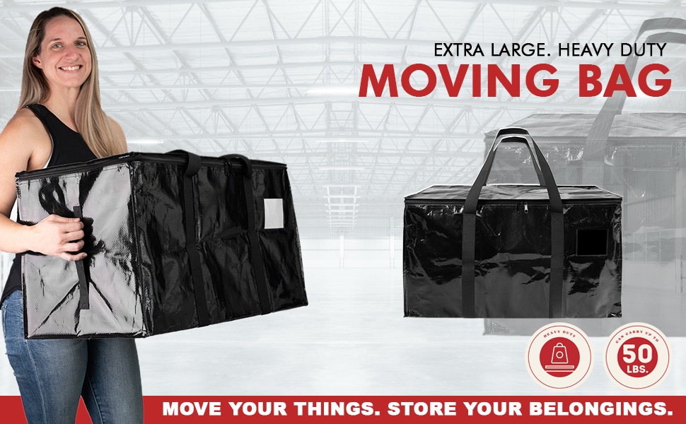 woman with bag with words: moving bag. Move your things. Store your belongings.