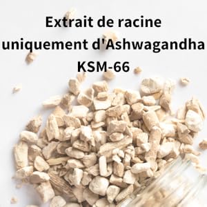 Pile de petits morceaux ou morceaux de couleur claire et de forme irrégulière sur une surface blanche. Le texte mentionne l'extrait de racine d'ashwagandha KSM-66