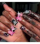 Black Press on Nails Duck Fake Nails with Star Design French Tip Nail Press ons Glossy Glue on Na...