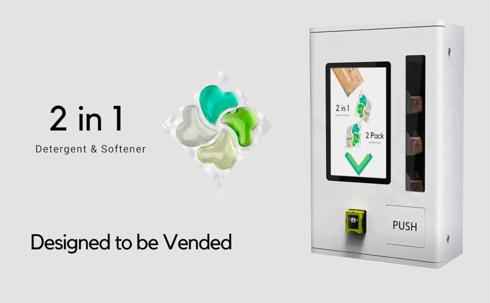 2 in 1 detergent & softener, Designed to be vended and resold in a vending machine or store shelf