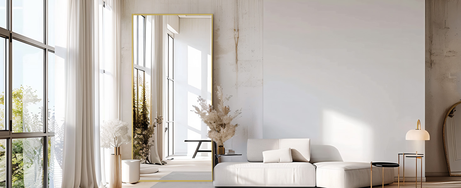 Gold Mirror Full Length, Floor Mirror, Free Standing Mirror Hanging or Leaning, Aluminum Alloy Frame Full Body Mirror for Bedroom Living Room Cloakroom Hallway, Wall Mirror Full Length