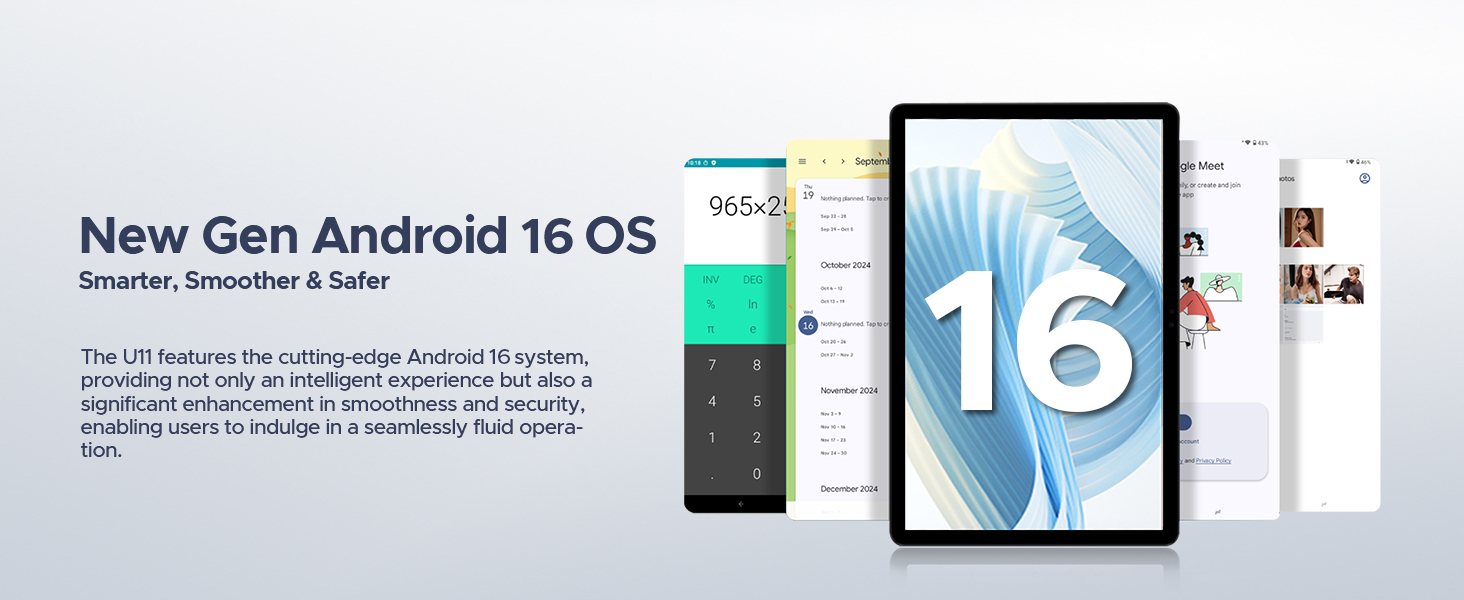 Text reads 'New Gen Android 16 OS'. Marketing image showing tablet interface with Android 16 operating system, displaying multiple screens with app layouts and system UI elements.