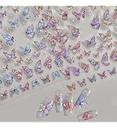2 Sheets Butterfly Nail Art Stickers 5D Embossed Self-Adhesive Pink Aurora Sparkling Butterfly Na...