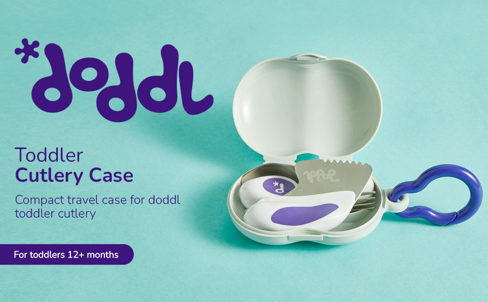 Image of toddler cutlery travel case showing toddler cutlery inside.